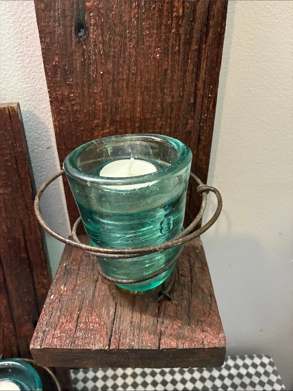 Rustic Wood Wall Sconces with Aqua Glass ( insulators) Votive Holders